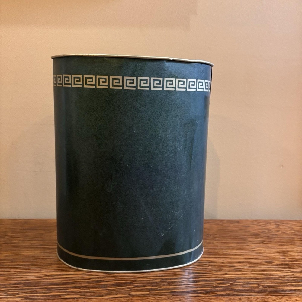 Vintage Cheinco Metal Wastebasket Greek Key Black Gold Mid Century Trash Can